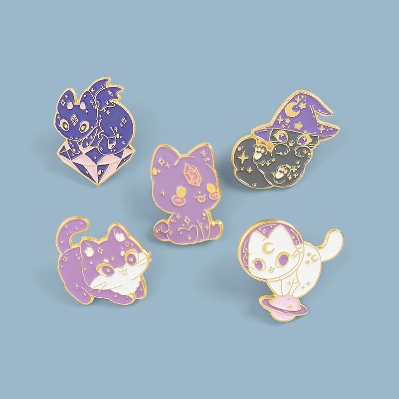 Pins, Brooches Moon Starry Sky Cat Enamel Pin Purple Wizard Hat Witch Space Kitten For Women Lapel Magic Badge Jewelry Gift-image-706949395