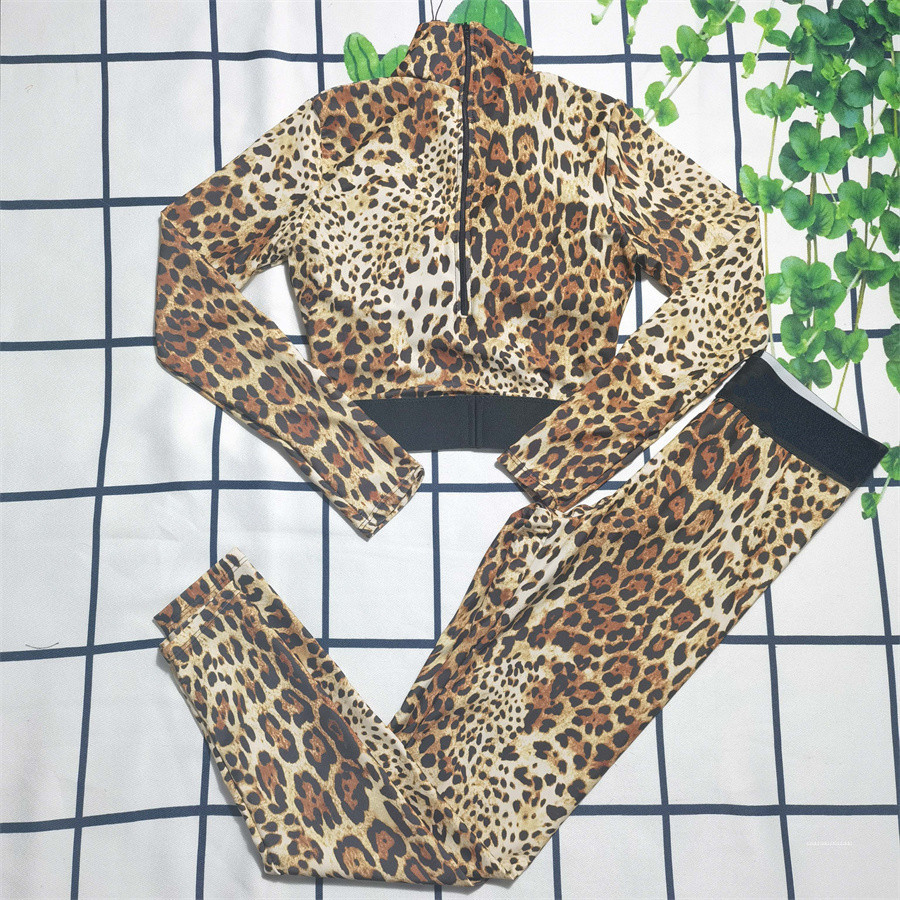 

Cheetah Swim Wear Women' Two Piece Pants Tracksuits Yoga Suits Leopard Black Print Long Sleeves Waist Slim Leggings Sport Suit