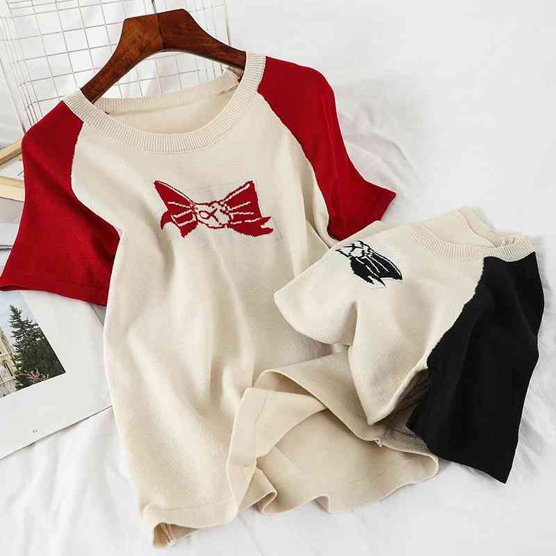 

Color-matching Knitted Tops Korean Summer Women's Bow Jacquard Thin Sweater Students Short-sleeved Knit 210525, Red