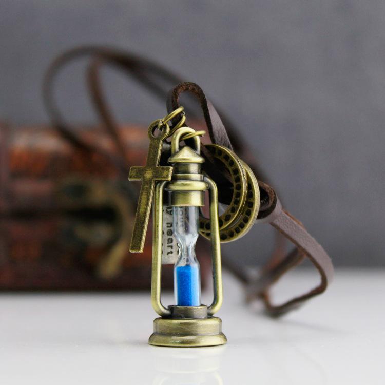 

Pendant Necklaces Retro Hourglass Necklace For Men Woman Adjustable Leather Rope Cross Alarm Clock Jewelry