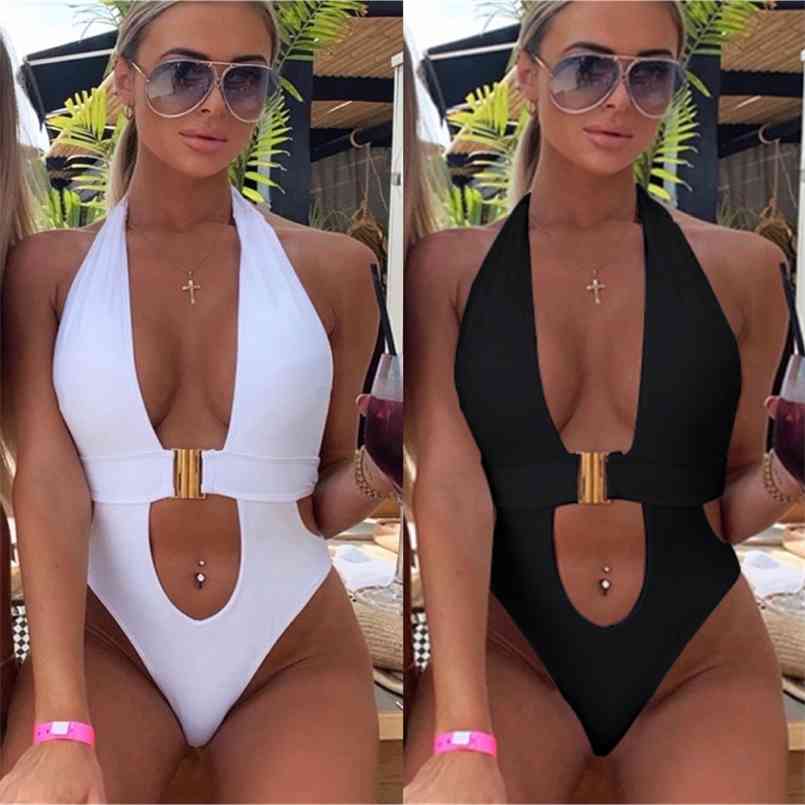 

Sexy Swimsuit Women V Neck Bikini Pure Colour Clasp Bathing Suit Halter Monokini 210722, White