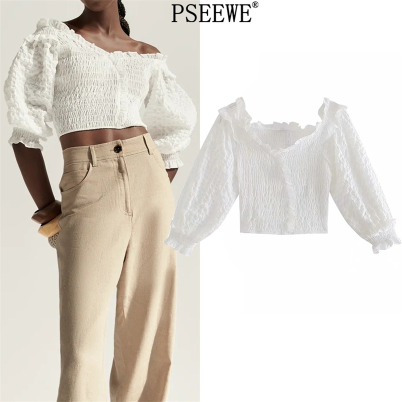 

Summer Blouses Women White Off Shoulder Woman Blouse Chic Ruffle Crop Top Female Elastic Ruched Long Sleeve 210519, Plaid