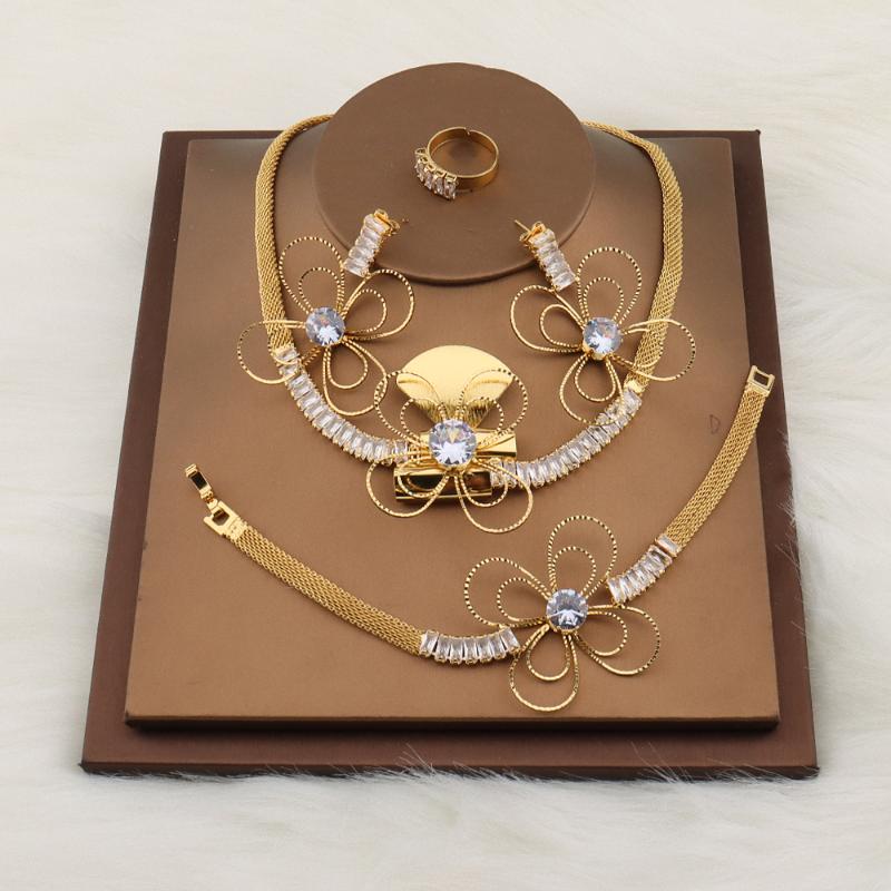 

Earrings & Necklace Women White Zircon Gold Color Jewelry Sets Bracelets Pendant Rings With Stones Set Wedding Party Jewelery, Silver