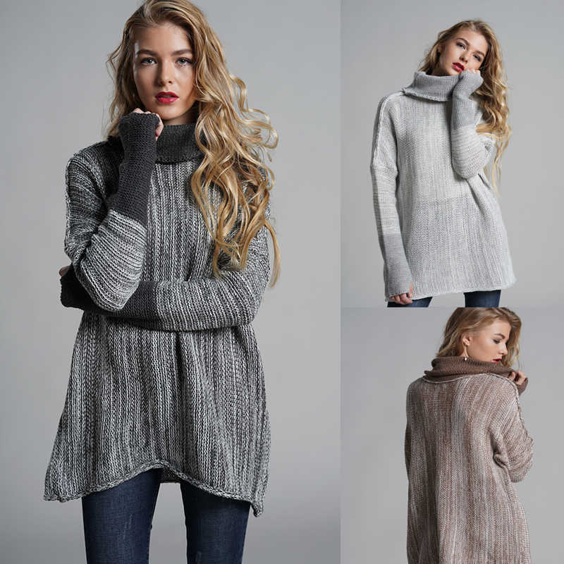 

Women's sweater winter large size fashion bat sleeve warm high collar stitching loose pullover 210527