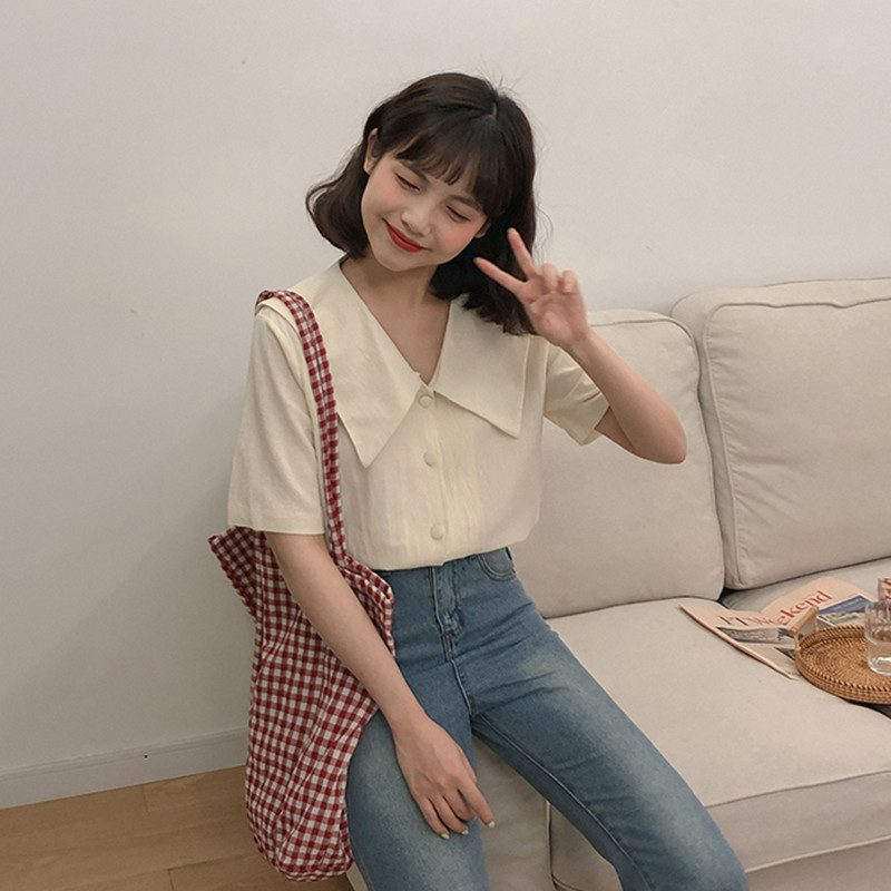 

2 colors preppy style short sleeve blouse summer women solid color turn down collar shirts (F3703), White