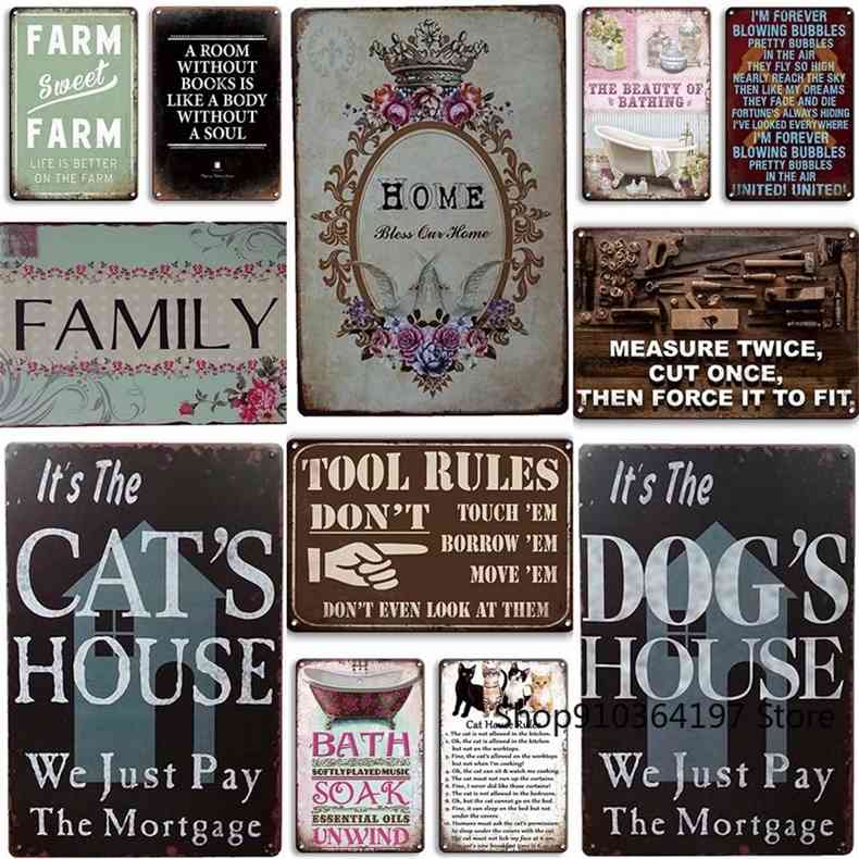 

Farm Tin Home Plaque Vintage Farmhouse Wall Decor Cat and Dog Retro Metal Signsa