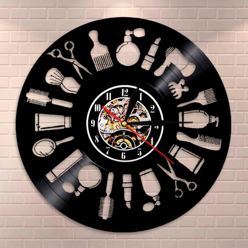 

Wall Clocks Barber Shop Hair Salon Tools Record Clock Accessories Silent Non Ticking ClockBlack Art Retro Home Decor