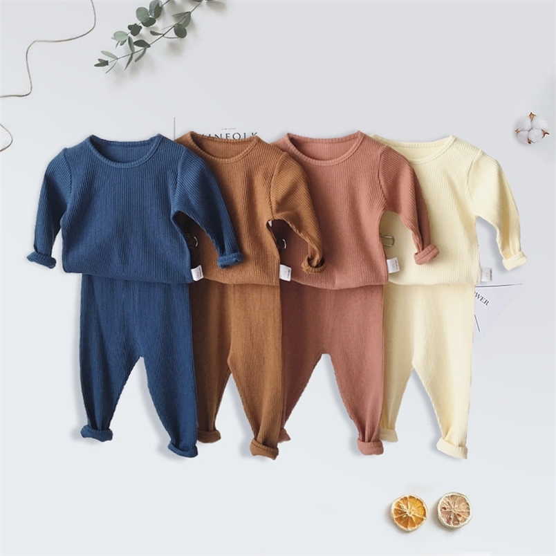 

Children Ribbed Fitted Pajamas Kids Toddler Boys Girls PJS Cotton Top and Pants Sets Clothing Clothes Sleepwear Nightwear 211109, Apricot