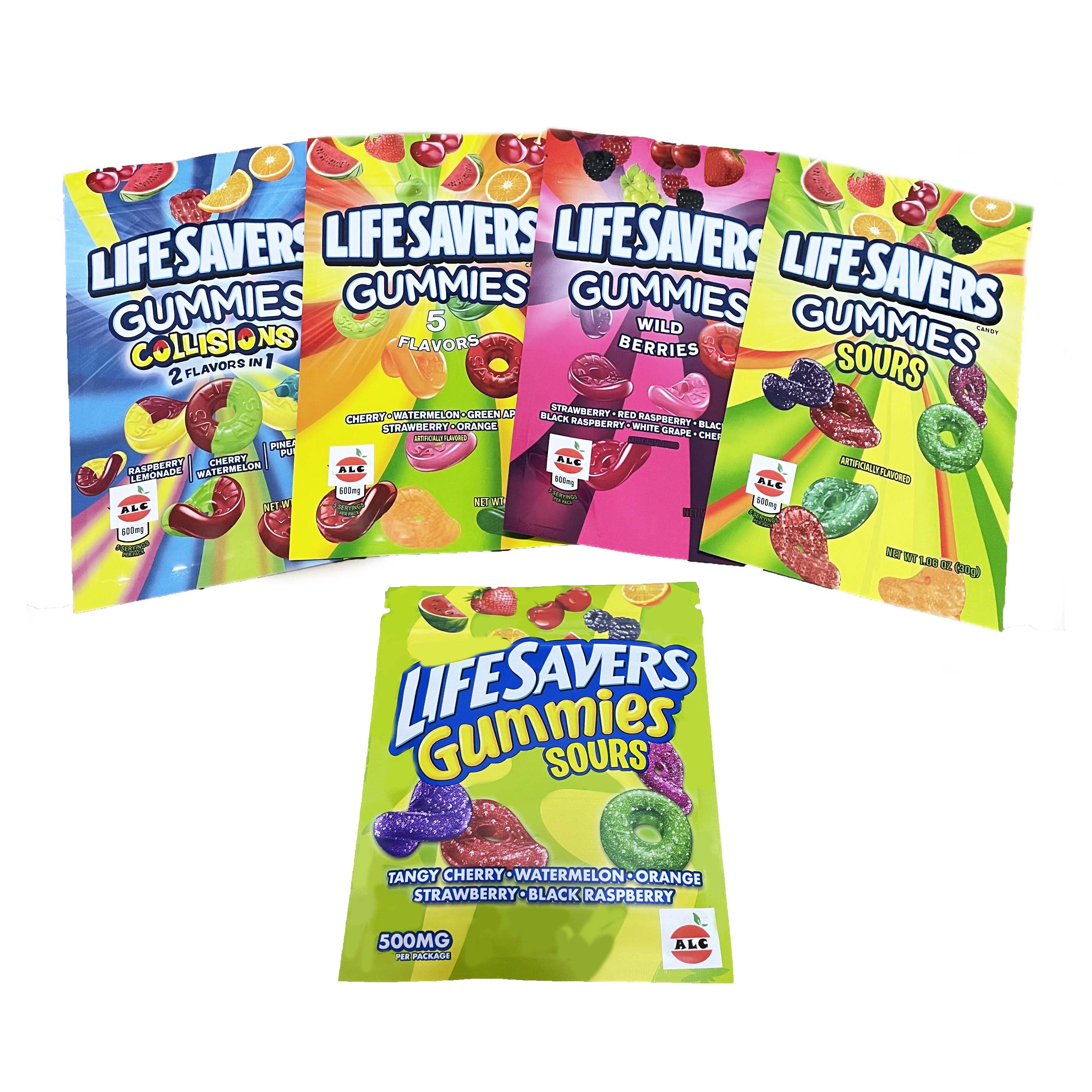 

Wholesale empty lifesavers gummies edible plastic mylar bags 5 flavors collisions sours wild berry rings gummy resealable packaging bag