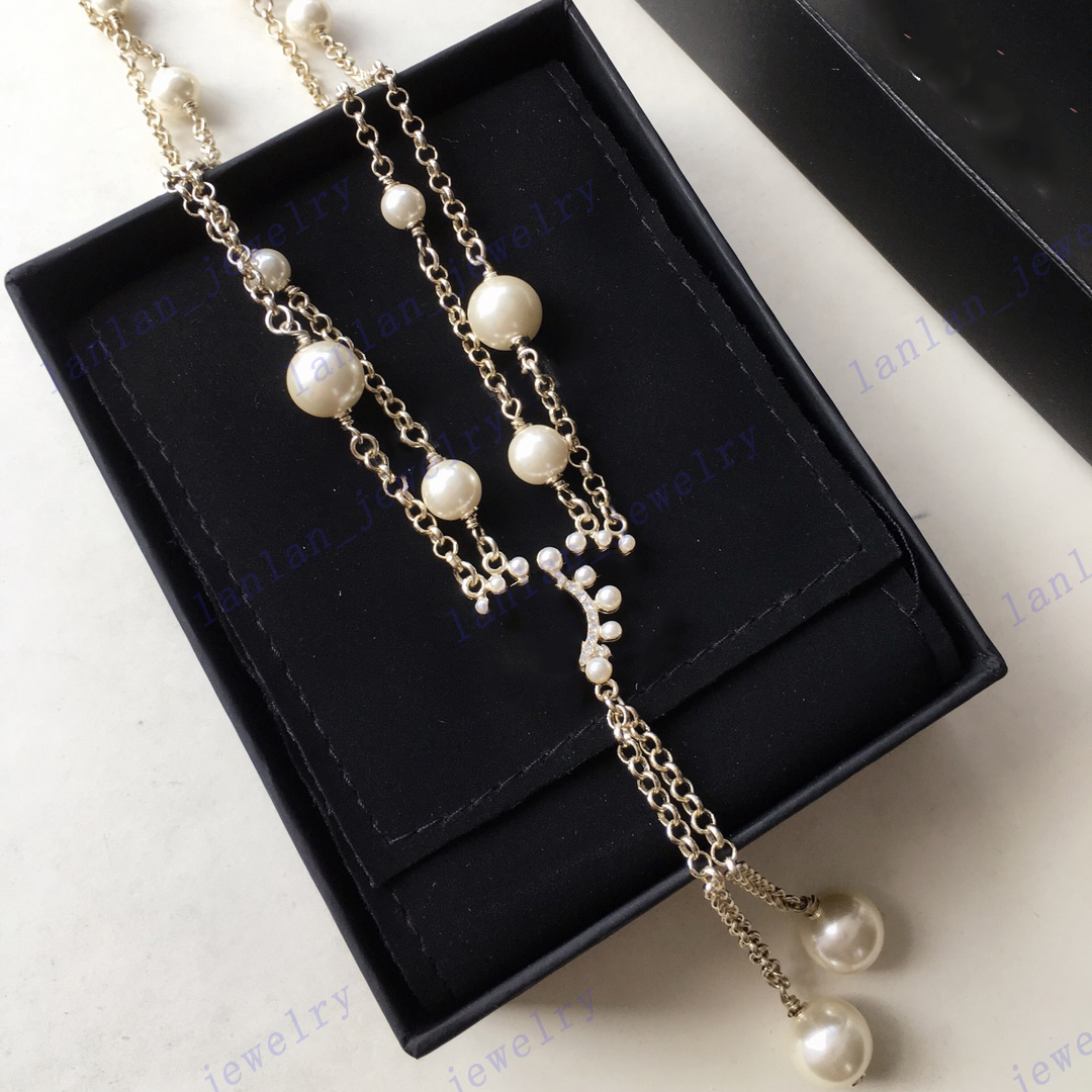 

Women's Designer Necklace Classic Letter Logo Double Pearl Long Pendants Valentine's gift With Box Set LH-C7, Silver