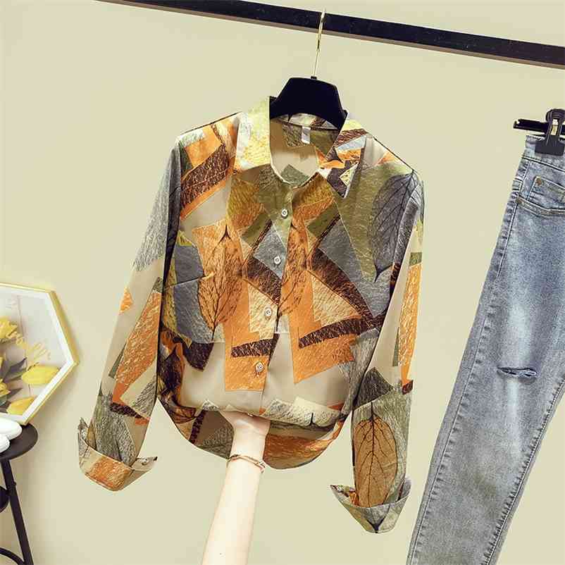 

Women's Shirts Autumn Woman Turn Down Collar Long Sleevese Retro Print Shirt Tops Ladies Blouses A3821 210519, Blue