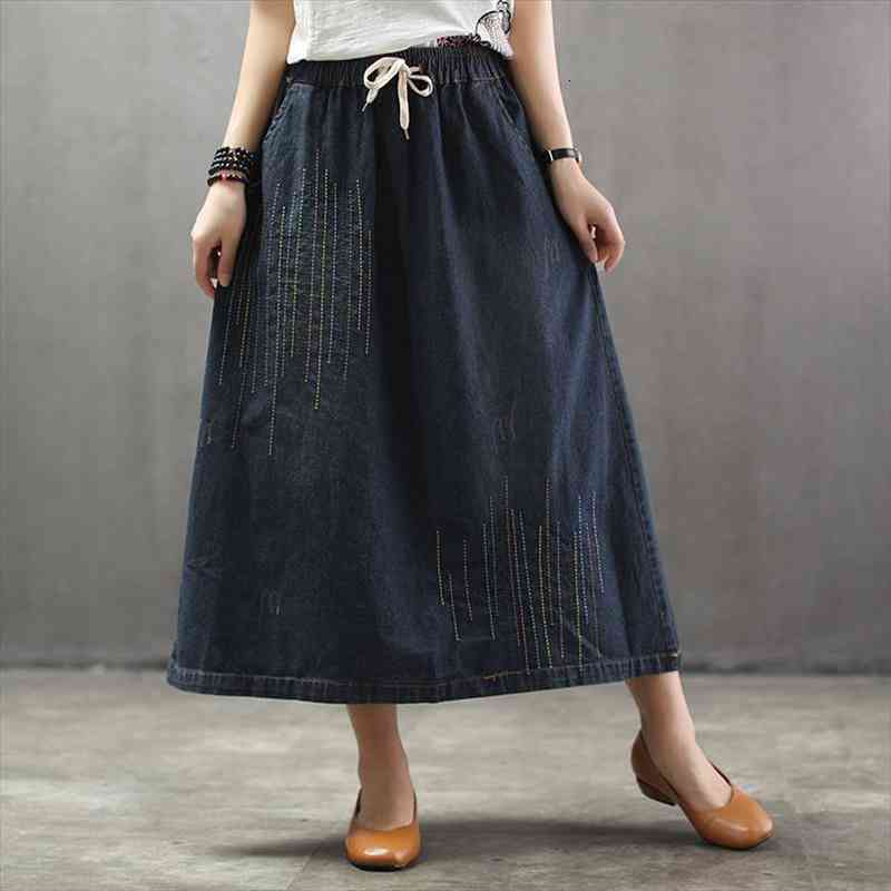 

korean casual strip denim skirts women elastic high waist elegant long maxi femme plus size jeans skirts ropa de mujer, Black