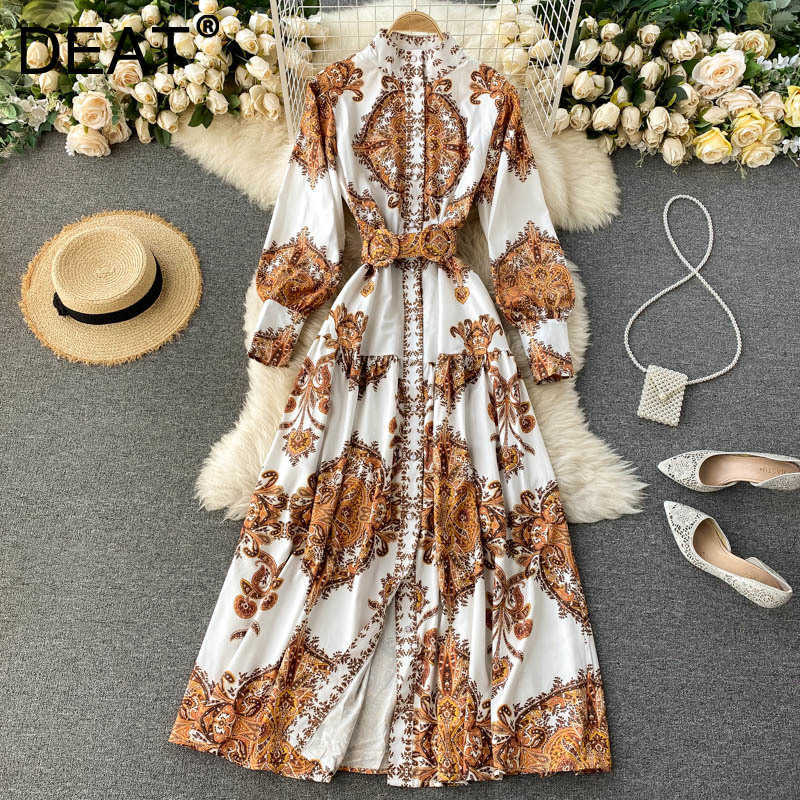 

DEAT Spring Arrivals Vintage Print Maxi Dress Stand Collar Puff Sleeve Button A-line Dresses Fashion Bohemian ML751 210709, Blue