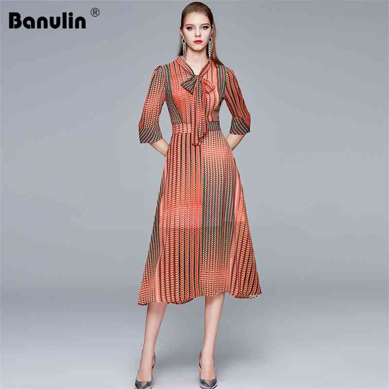 

Banulin Runway Summer Dress Fashion Bow Tie Collar Half Sleeve Colorful Stripe Print Orange Green Boho robe femme 210603