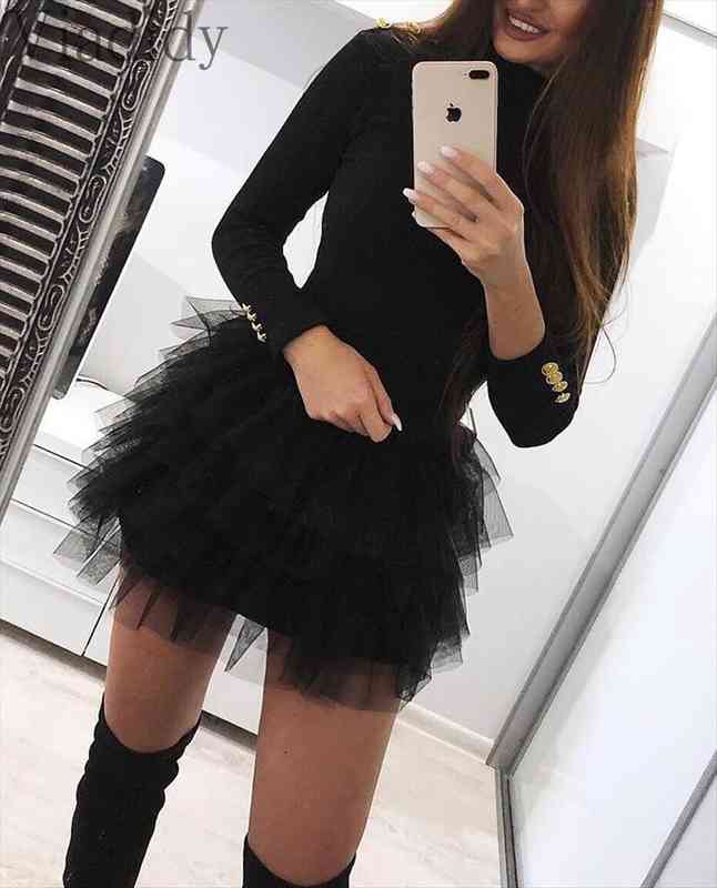 

buttoned long sleeve solid spliced mini dress women party dress, Black;gray