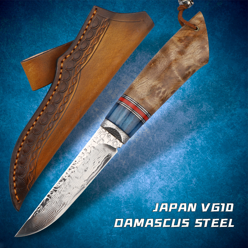 

Japanese Damascus VG10 Steel Straight Knife Nordic Outdoor Hunting Skinning Tool Tactical Combat EDC White Shadow Wooden Belt Sheath Sharp F