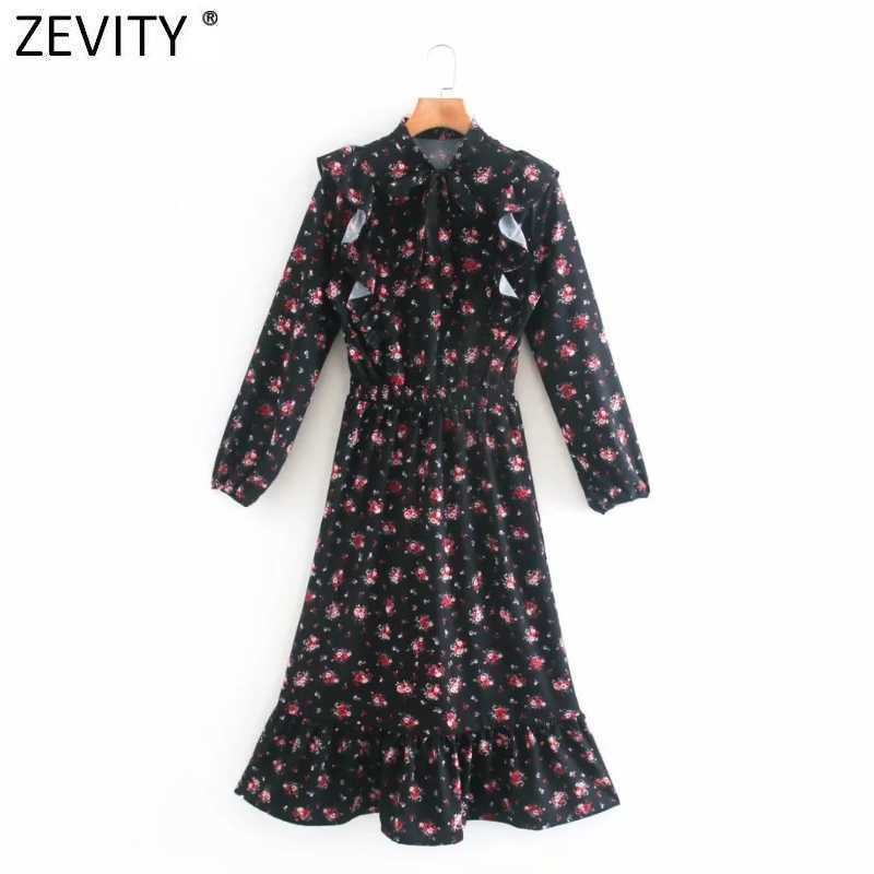 

ZEVITY Women vintage bow collar ruffles flower print midi dress ladies elastic waist pleats casual vestido a line Dresses DS4291 210603, As pic ds4291ld