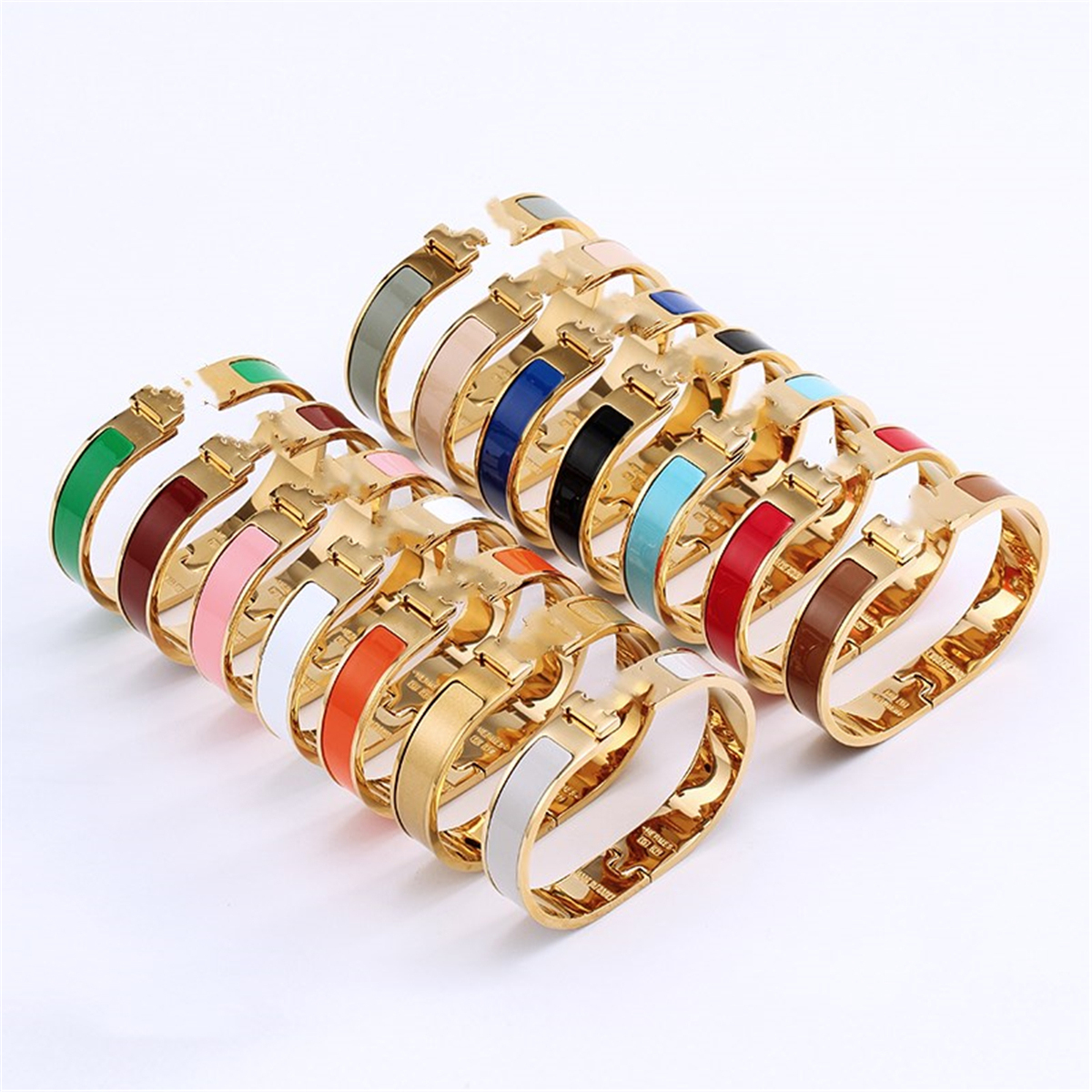 

Luxury Designer Enamel Bracelet Bangle Love Party Wedding herme Women Couple Gift Multiple Colour Earring Ring Fashion size #17 With Box, Golden;silver