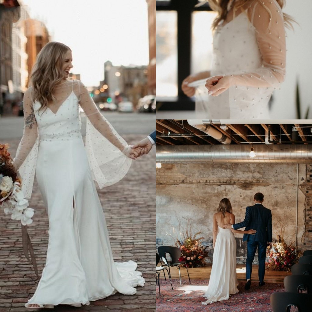 

Fashionable Country Style Mermaid Wedding Dresses with Wraps Spaghetti Pearls Floor Length High Side Split Backless Bridal Dress Gowns Vestidos De Novia, Purple
