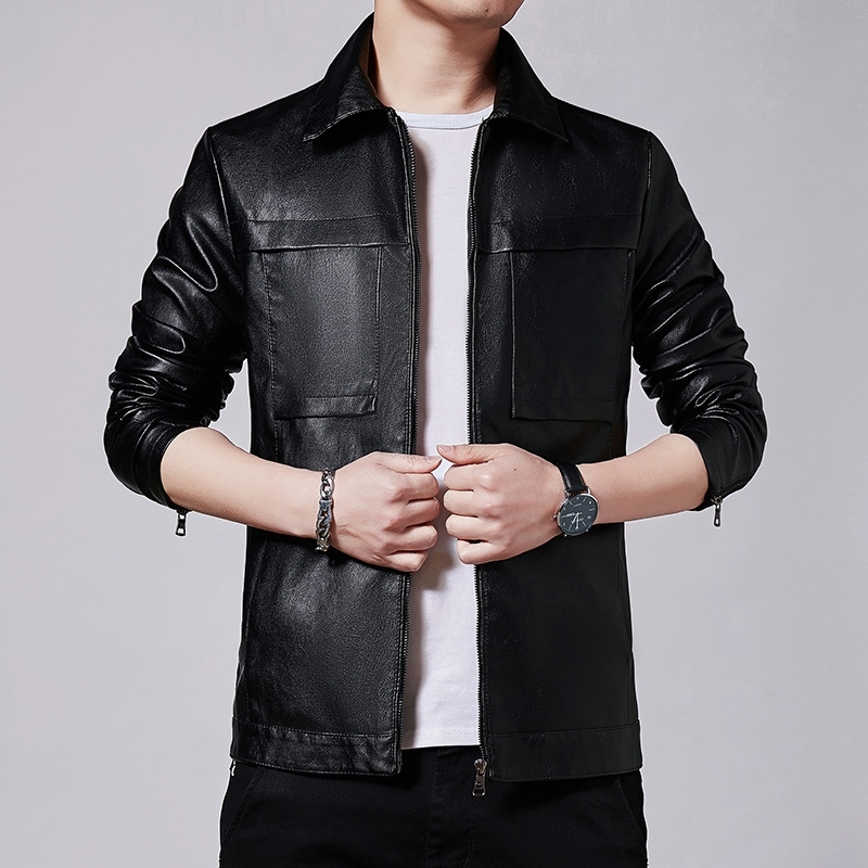 

Men's clothes spring and autumn Korean version slim fit men's coat youth fashion trend leisure locomotive PU leather jacket men, Black