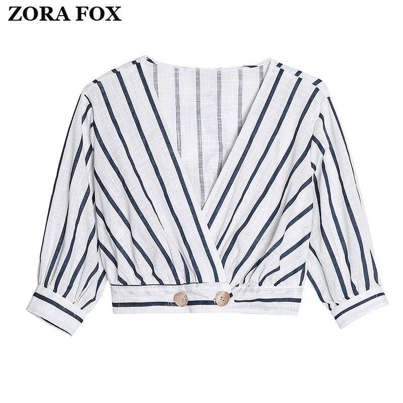 

Women's Blouses & Shirts ZORA Woman Black Striped Blouse With Long Sleeve V-neck Button Single Breasted 2021 Summer Women Straight Casual St, White