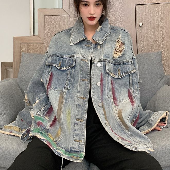 

Women's Jackets Blue jeans oversize retro-washed coating graffiti blouse streetwear spring lapel shirt hole harajuku male and female jacket 16MO, 1# shoe box