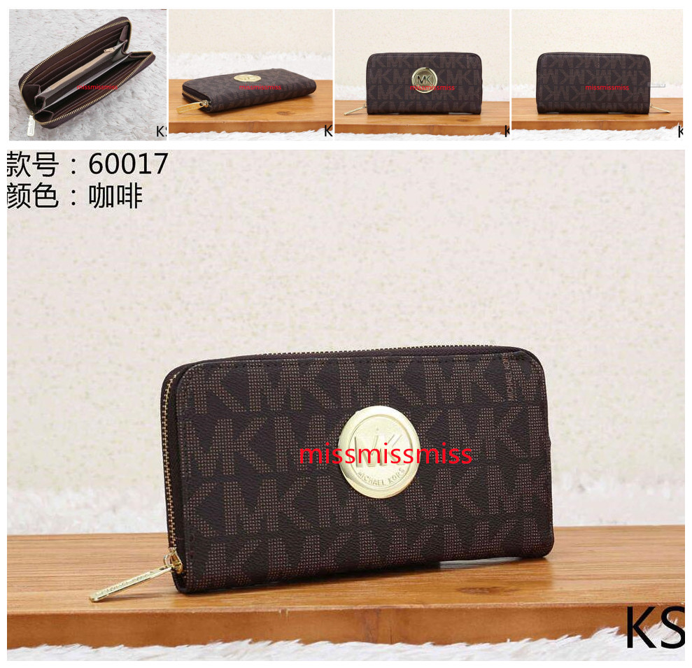 

013 michaelmkkors women long short zipper wallet men Bank card package coin purse leather clutch bag women's card holder purse, Black;brown