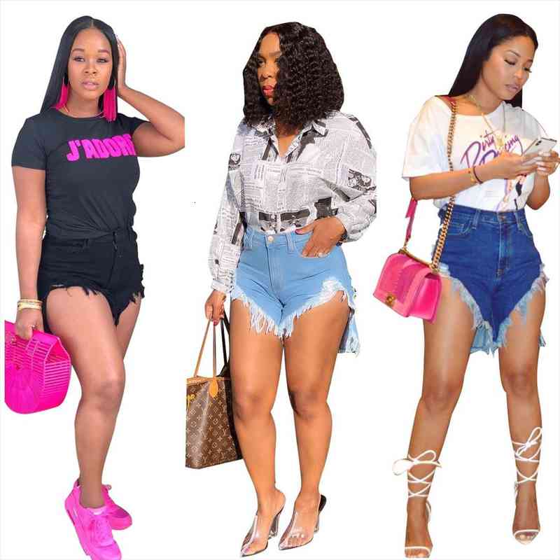 

3 Color High Force Elastic Personality High Waist Old Worn Broken Fringed Side Wind Denim Shorts Female 5 Size, White;black