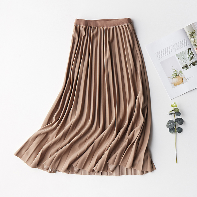 

Skirts Women Elastic High Waist Slim Pleated A-Line Jupe Femme Saia Faldas Mujer Casual Solid Streetwear CQOX, Brown