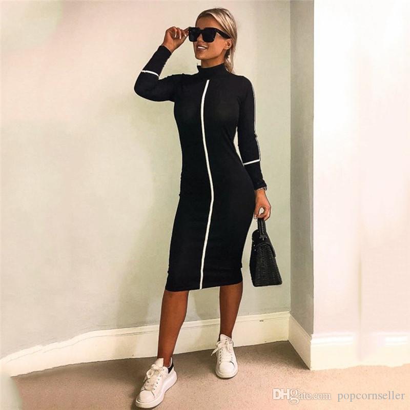

New Stylish Women Designer Dresses Fashion Stand Collar Long Sleeve Mid Calf Dresses Casual New 20ss Women Designer Clothing, Black;gray