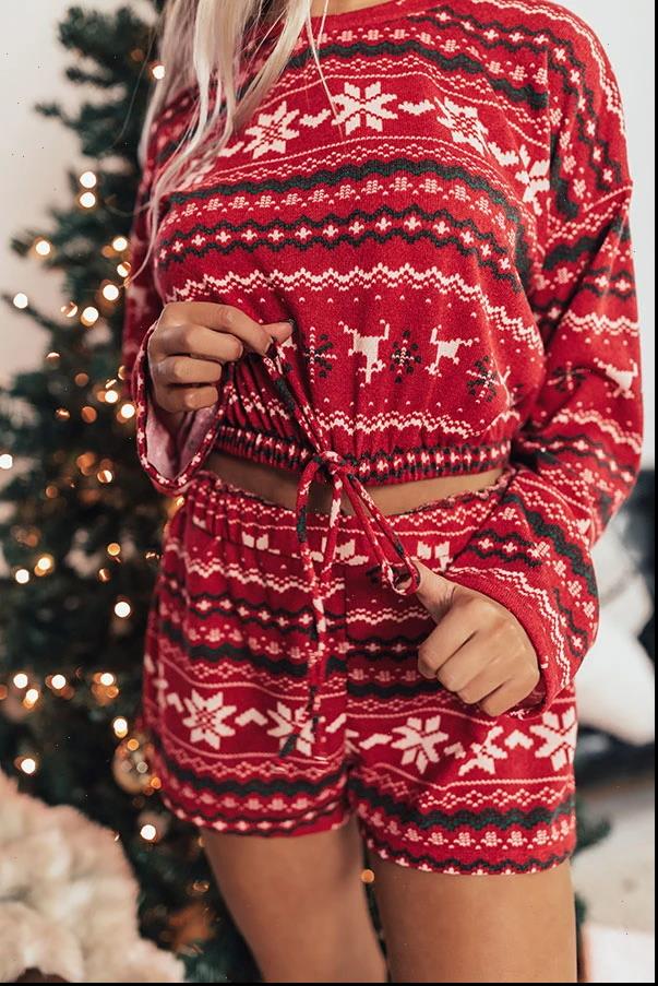 

fashion women tracksuits autumn winter 2 pcs casual homewear pajamas sets cute christmas pattern long sleeve pullover elastic shorts, Gray