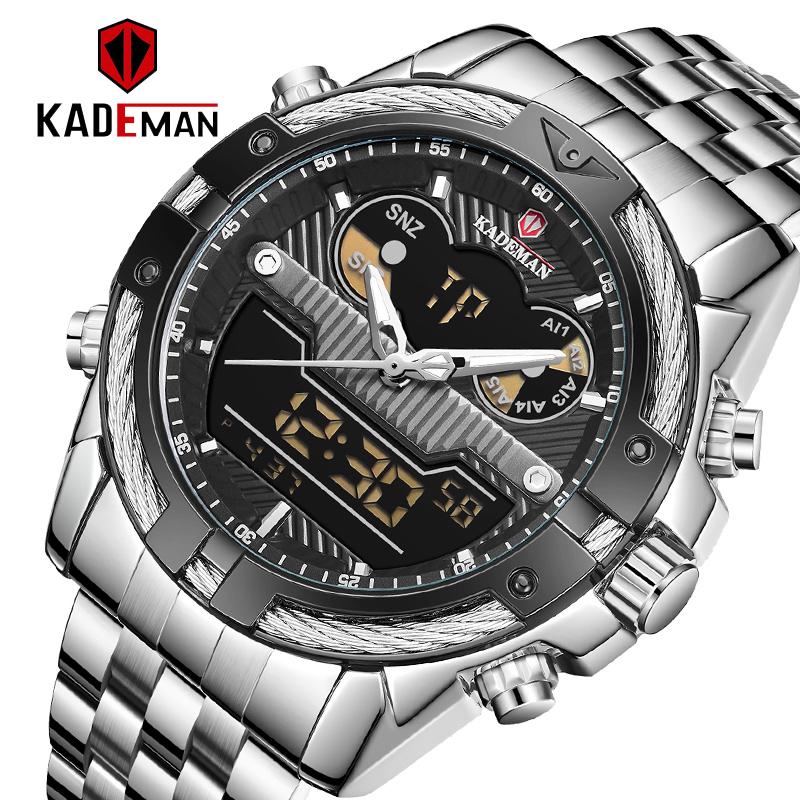 

Wristwatches KADEMAN Men Dual Display Watches For Man Silver Stainless Steel Quartz Waterproof Wristwatch Calender Relogio Masculino K9076