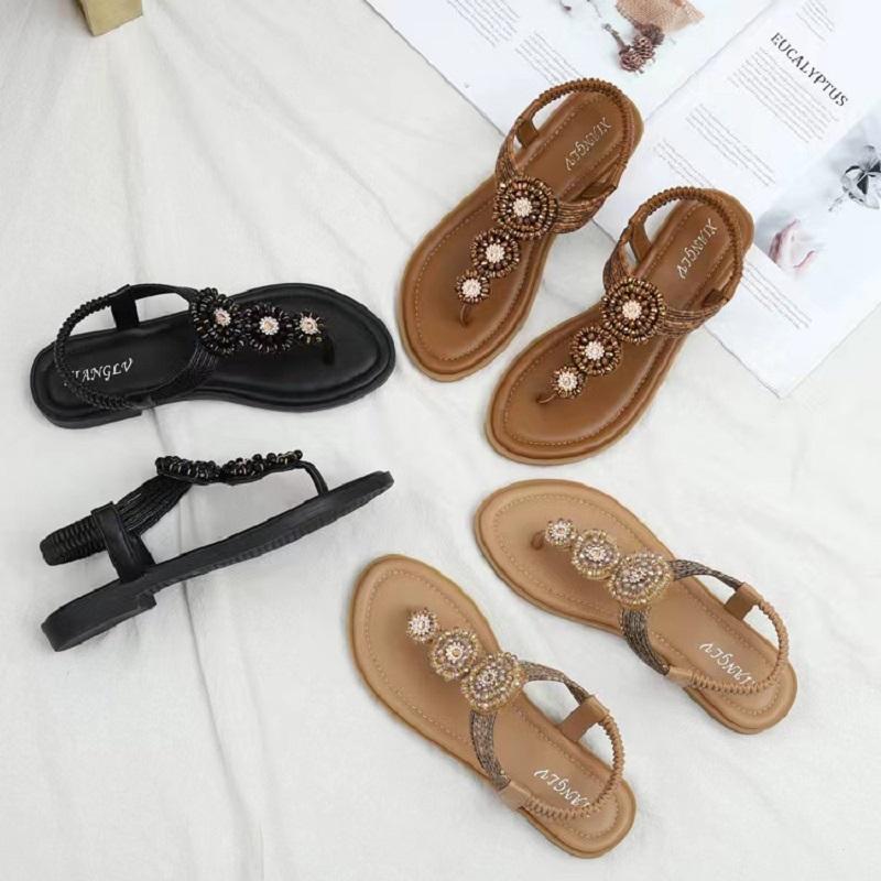 

Sandals Summer Large Size Women Bohemian Roman Flat Bottom Fairy Wind Beach Shoes For Holiday, Black