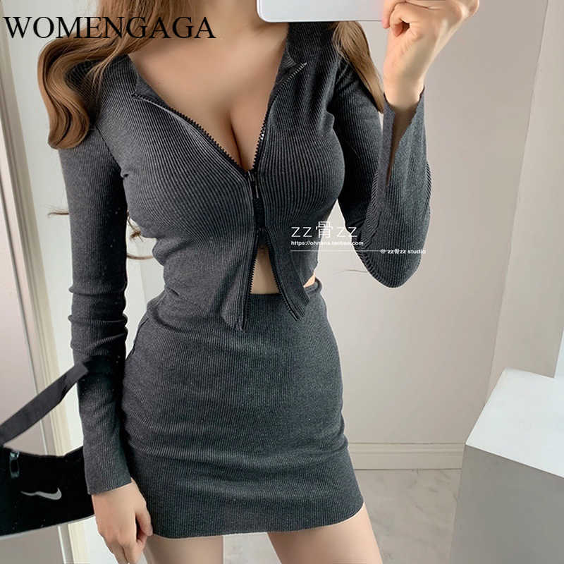 

WOMENGAGA Sexy Fashion Double Zipper Full Sleeve Knitting T-shirt Cardigan + High Waist Hip Mini Skirt Casual Suit QW47 210603, Dark gray