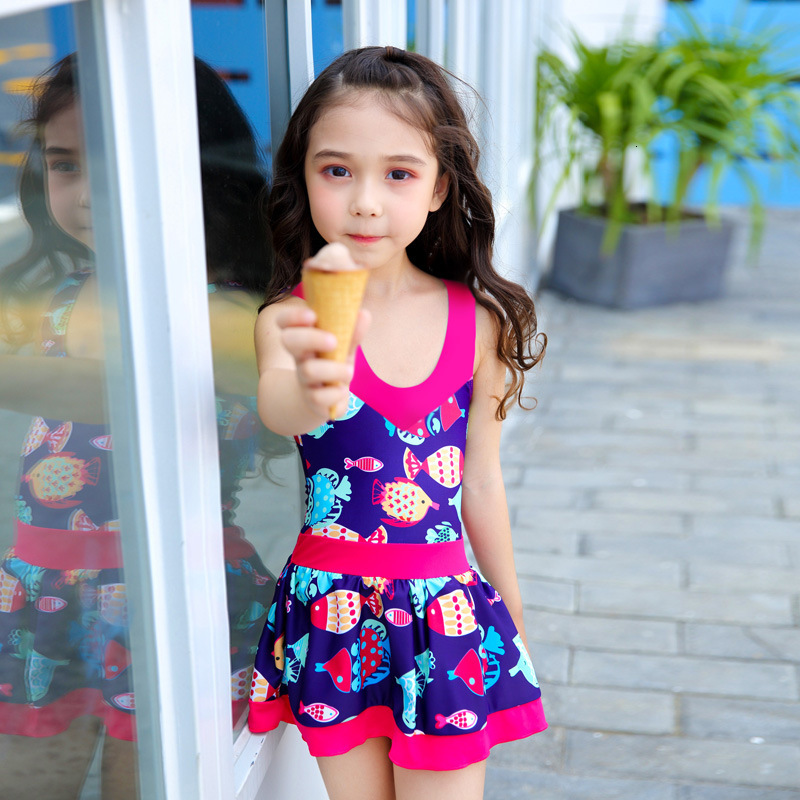 medium Children's girls' and small, large one-piece skirt South Korea lovely baby hot spring student swimsuit-image-671920360