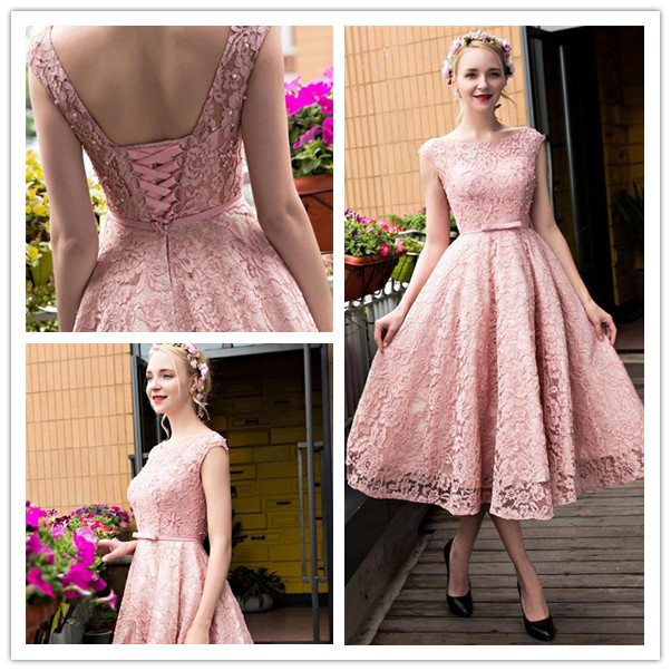 

2021 Lace Prom Dresses Capped Sleeves Beaded Back with Lace-up Tea Length Homecoming Party Gowns Vestidos, Dark navy