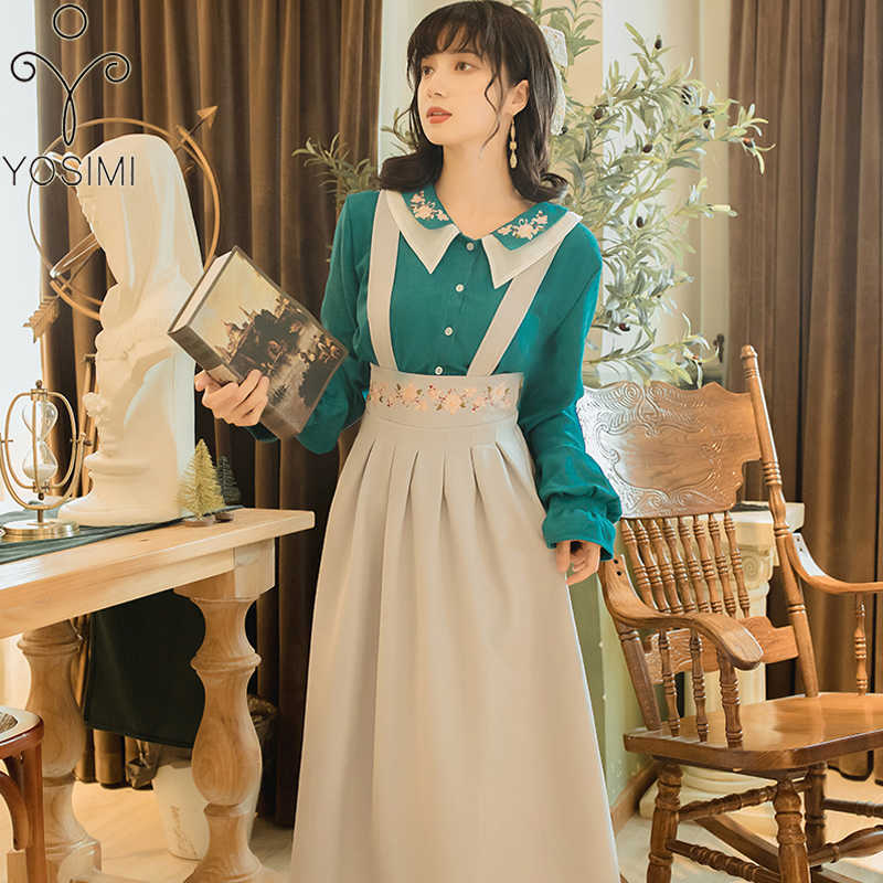 

YOSIMI Two Piece Outfits for Women Autumn Full Sleeve Blue Shirt Top and Floral Embroidery Mid-calf Strap Dress 2 Set 210604