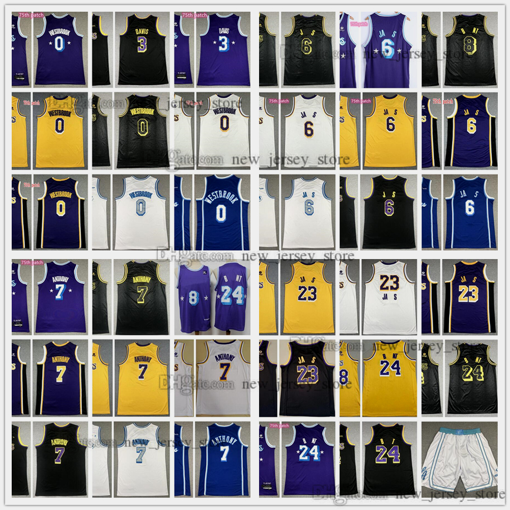 

2022 Purple New City Basketball 23 James Jerseys 6 Lebron Russell 0 Westbrook Carmelo 7 Anthony 3 Davis Jersey Man Stitched Yellow White Short 75th Anniversary Patch, As the picture