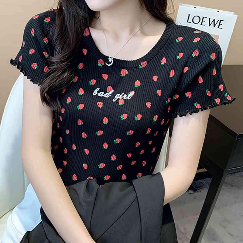 

Women Summer T-shirt Strawberry Printed Knitted Black Tees Short Sleeve Tops Female O-Neck Skinny Knit 210518
