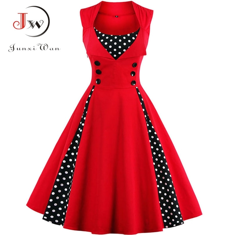 

4XL Women Robe Retro Vintage Dress 50s 60s Rockabilly Dot Swing Pin Up Summer Party Dresses Elegant Tunic Vestidos Casual 210705, Pettiskirt red