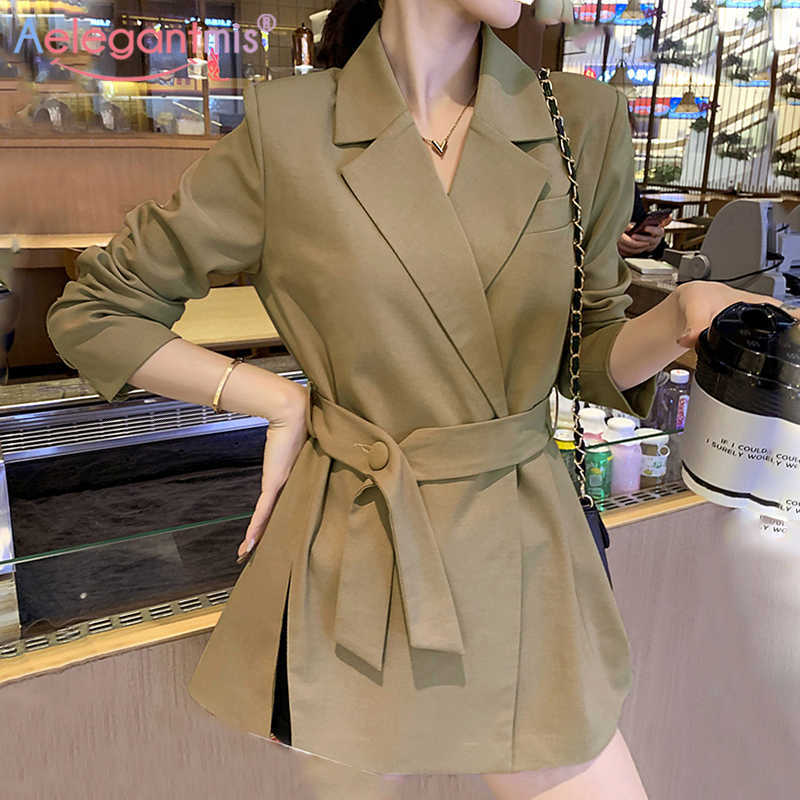 

Aelegantmis Vintage Loose Plus Size Women Casual Blazer With Belt Women's Work Suit Coat Office Lady Stylish Jacket 210607, Black