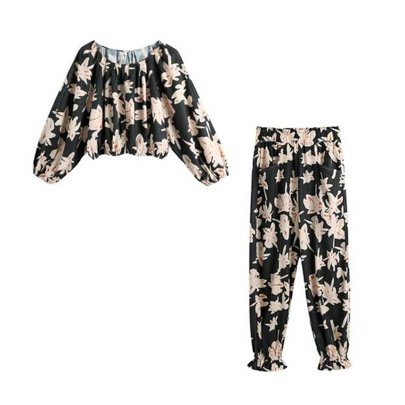 

Spring Blouse Two Piece Set O neck Lantern Sleeve Shirt Pants Outfits For Women High Waist Flowers Haren Sets 210525, Tops