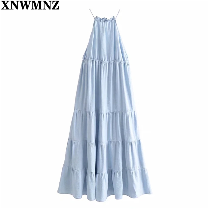 

women Vintage linen blend midi dress Woman straps halter neck with ruffle trim elastic waistband robe Chic dresses 210520, Blue