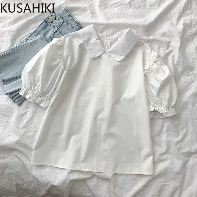 

KUSAHIKI Puff Sleeve Turn-down Collar Pullove Blouse Tops Causal Summer Woman Shirts Korean Sweet Blusas Feminimos 6H598 210602, White