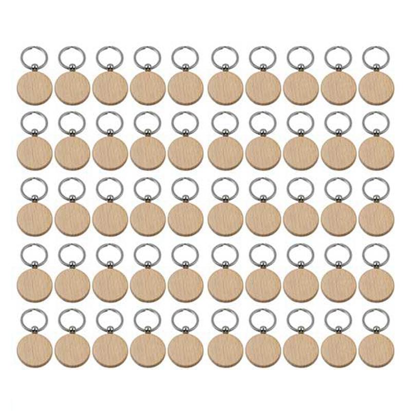 

Keychains 50Pcs Blank Round Wooden Key Chain Diy Wood Tags Can Engrave Gifts