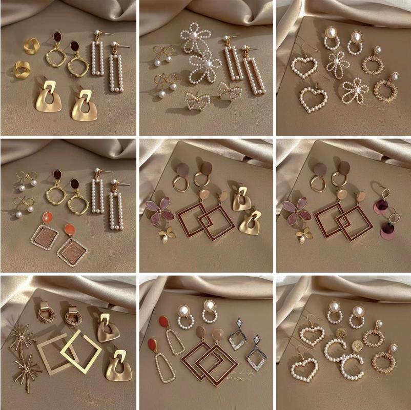 

Stud Mixed 3-4 Pcs/Bag Various Shapes Of Long And Short Metal Resin Pearl Gem Zircon Women's Silver Needle Earrings, Golden;silver