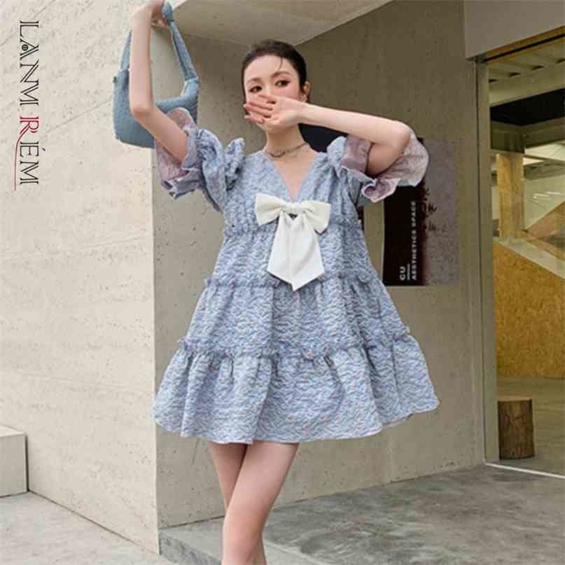 

Women V-neck Puff Sleeve Sweet Bow Short Dress Large Size Loose Fit Lady Fashion Summer 2H140 210526, Blue