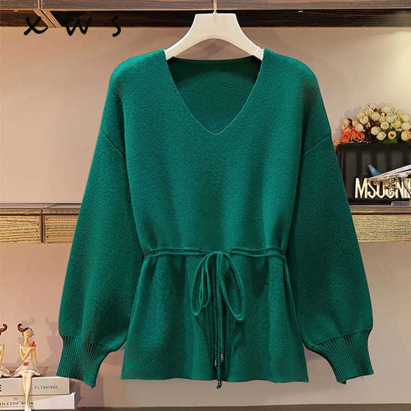 

autumn winter thick fur oversized Sweater Pullover women v-neck Lantern sleeve loose solid kint sweater top jersey mujer 210604, Green