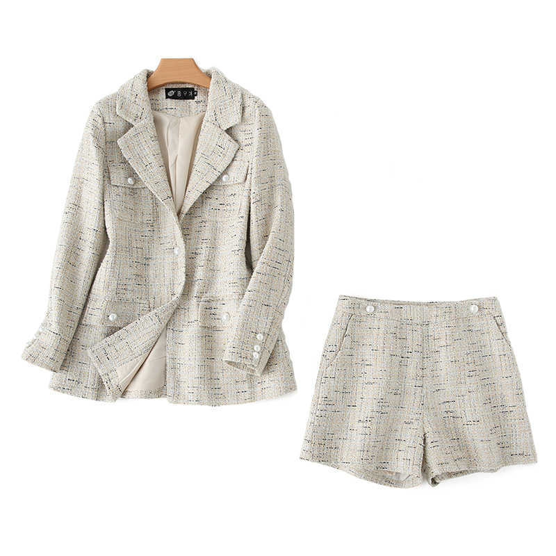 

Autumn and winter women's casual suit pants set high quality woolen ladies jacket Elegant short two-piece 210527