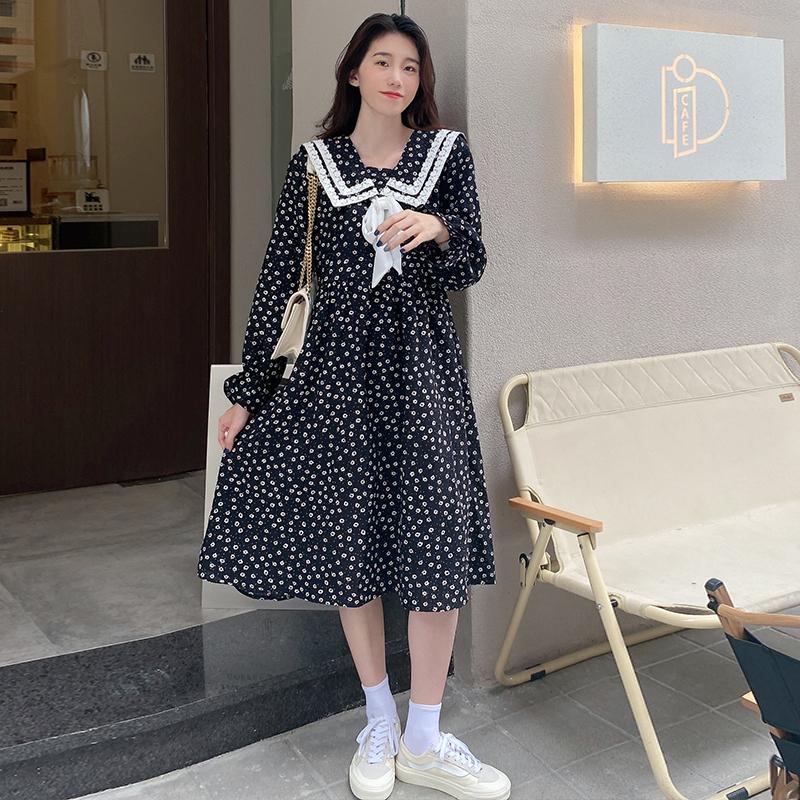 

Maternity Dresses 2022 Pregnant Women Long Sleeve Dress Black With White Floral Lace Patchwork Sailor Collar Preppy Style Chiffon